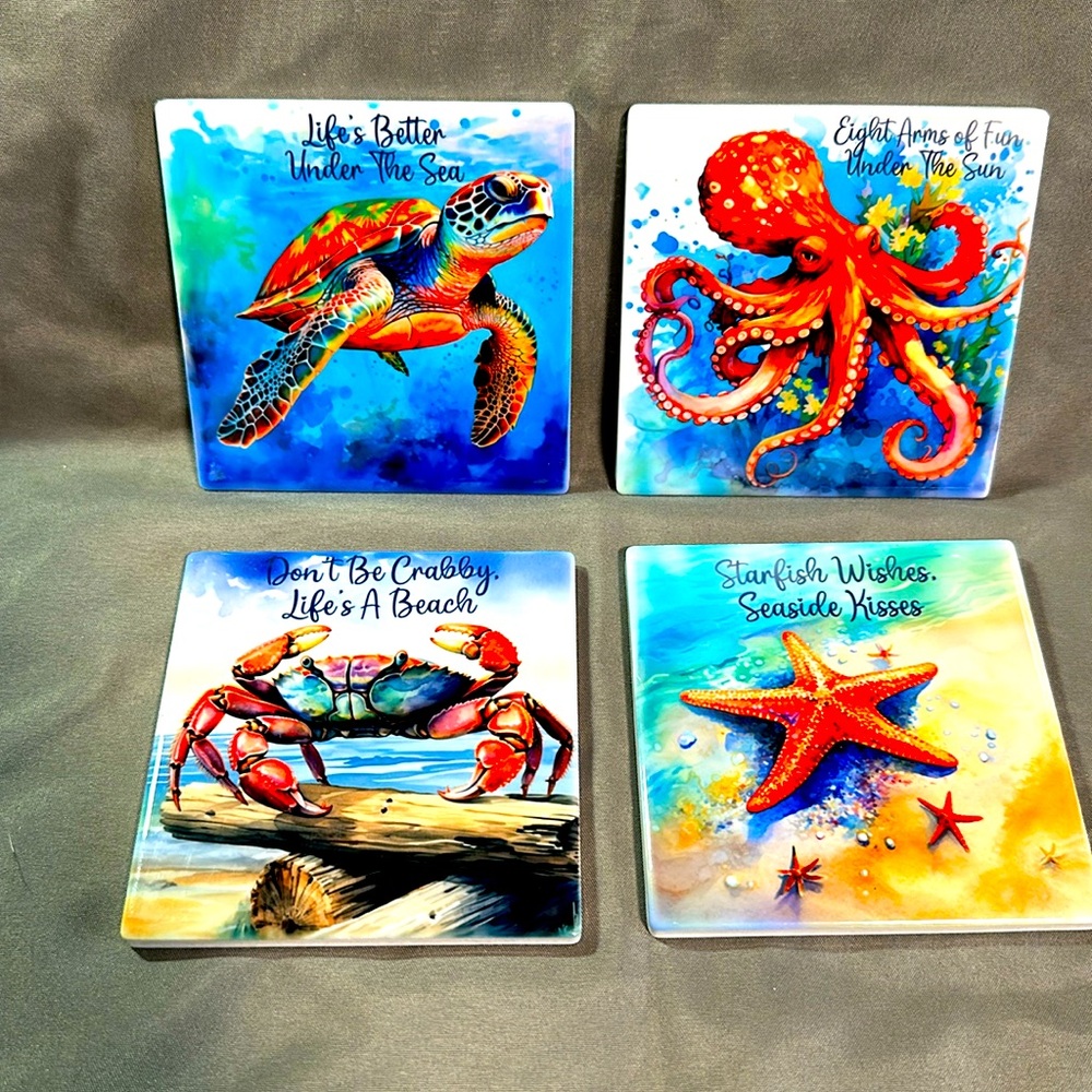 Set of 4 square  Beach/Ocean ceramic coasters.